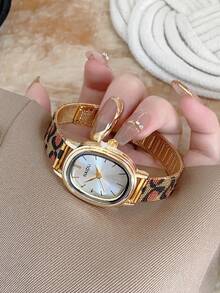 1pc Oval Vintage Style Gold Bamboo Strap Quartz Women's Watch, Elegant And Exquisite, Suitable For Daily Wear, Birthday Gift, Party - Gold - View 7
