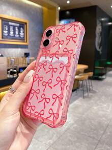 1pc Pink Transparent TPU Red Hand-Drawn Bow Pattern Four-Corner Anti-Drop Integrated Card Holder Phone Case, Simple Fashion Versatile Creative Personalized, Full Coverage Protection Dustproof Waterproof Soft Shell Suitable For Versatile Phone Case/Card Holder Phone Case/Interesting Phone Case - Multicolor - View 5