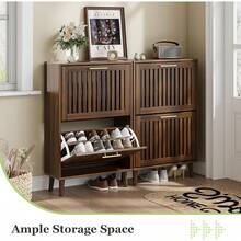 Shoe Cabinet, Shoe Storage Cabinet With 2 Flip Drawers With Slats, Narrow Shoe Cabinet Entryway, Freestanding Shoe Organizer Cabinet With Golden Handles, Slim LX89 - 天然木材 - 查看 10