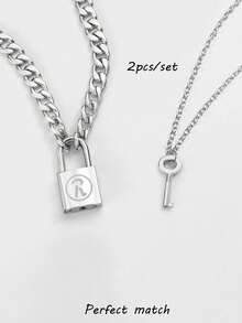 2pcs Women's Pendant Necklace Set, Fashionable Personalized Hip Hop Key Lock Pendant Necklace, Couple Necklace, Daily Party Matching - Silver - View 2