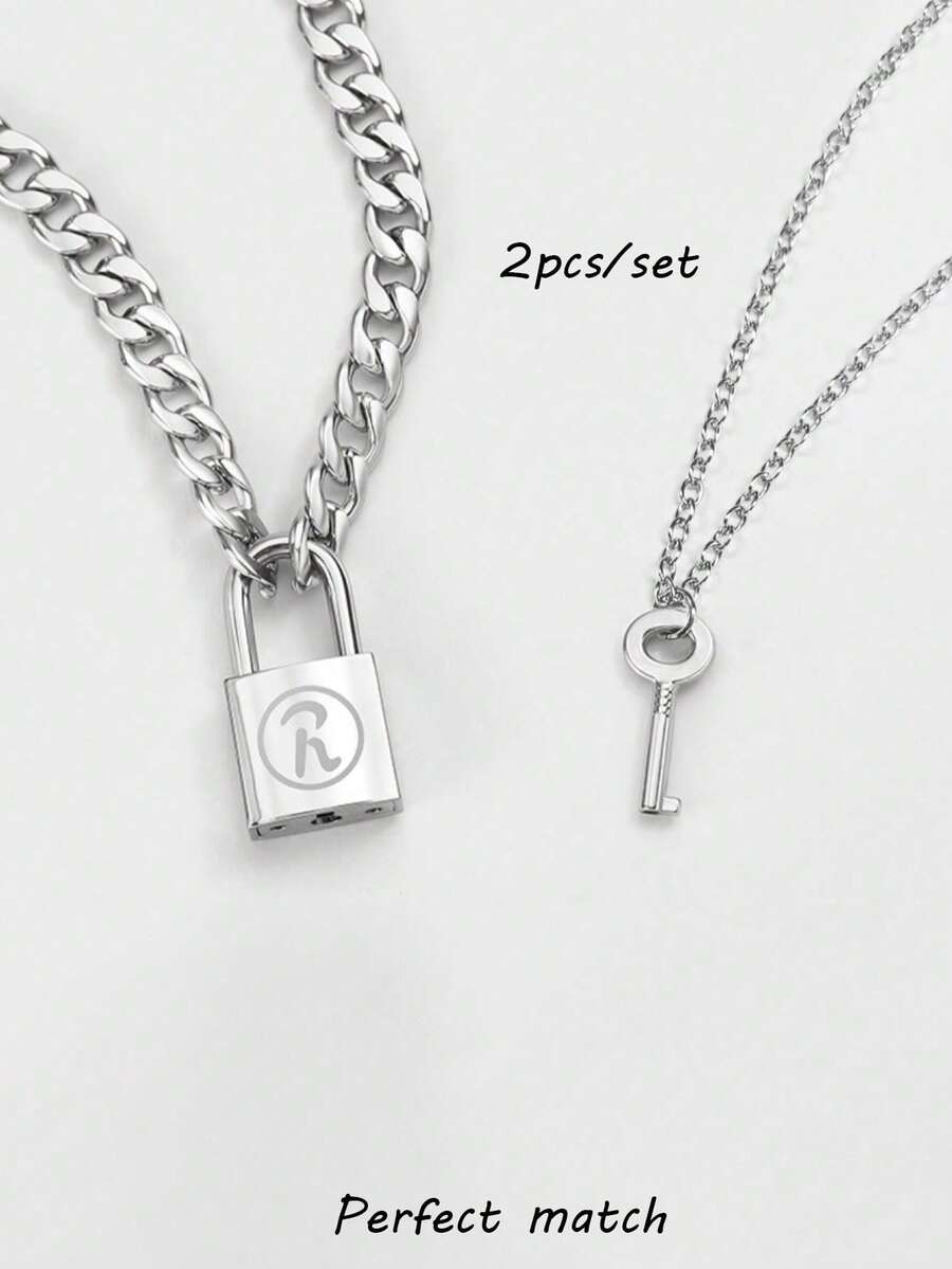2pcs Women's Pendant Necklace Set, Fashionable Personalized Hip Hop Key Lock Pendant Necklace, Couple Necklace, Daily Party Matching