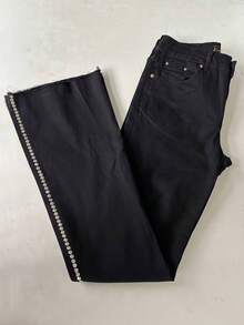 pthirillo Women's Black Flare Jeans With Butt-Lifting Effect, High Waist, And Rhinestone Detail - Premium Rhinestone Jeans - Lateral Rates - View 9