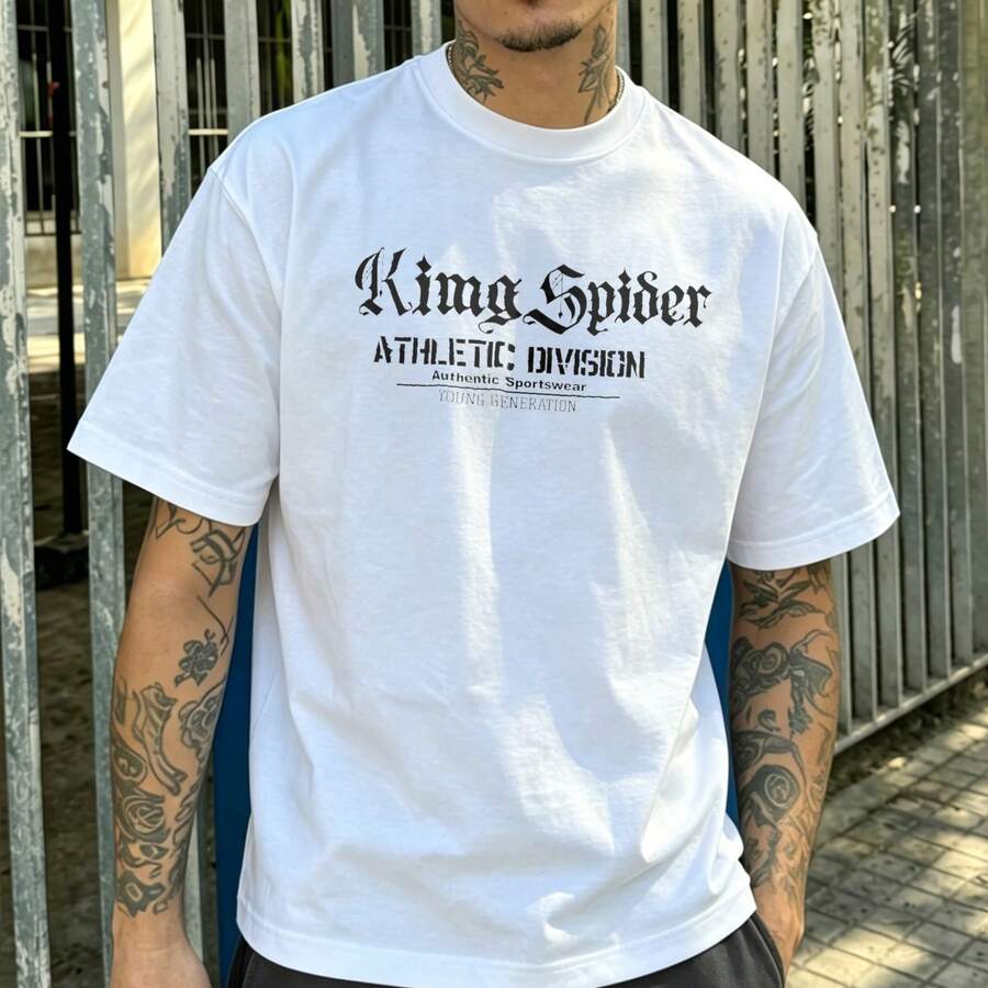 Men's 100% Cotton T-Shirt, Crew Neck, Short Sleeves, White, King Spider Athletic Division Print, Casual Urban Style, Everyday Streetwear, Summer - 白色 - 查看 1