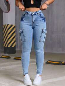 Skinny Cargo Jeans, Blue Wash, Stretchy, With Multiple Pockets, Butt-Lifting Effect, Fitted Cuffs - Light Wash - View 1
