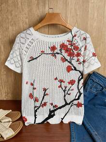ADFHP Women's Plum Blossom Print Openwork Knit Short Sleeve Top, Casual Crew Neck Spring Summer Daily Wear - Multicolor - View 4