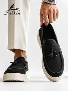 Salkin 極簡設計男士德比鞋 繫帶柔軟麂皮皮鞋 平價奢華 適合現代生活 莫卡辛時尚 舒適圓頭樂福鞋 優雅紳士運動鞋 商務純色鞋面 防滑耐磨 加厚增高底 日常休閒鞋 男士情侶約會出遊 百搭 派對宴會 節日禮物 春夏秋季，尺寸偏小，請選擇大一號 - 黑色 - 查看 8