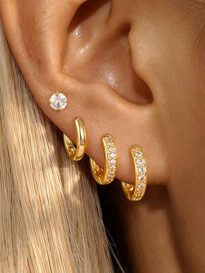 4pcs/Set Ensemble de boucles d'oreilles rondes au design géométrique français, boucles d'oreilles clous en acier inoxydable plaqué or 18K avec zircone pour femmes, bijoux élégants pour un port quotidien
