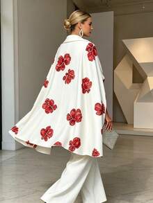 Elegant Women's White Two-Piece Outfit With Red Floral Details, Cowl Neck Batwing Sleeve Top & Regular Length Pants, Sexy Fall Women Clothes Style - 白色 - 查看 7