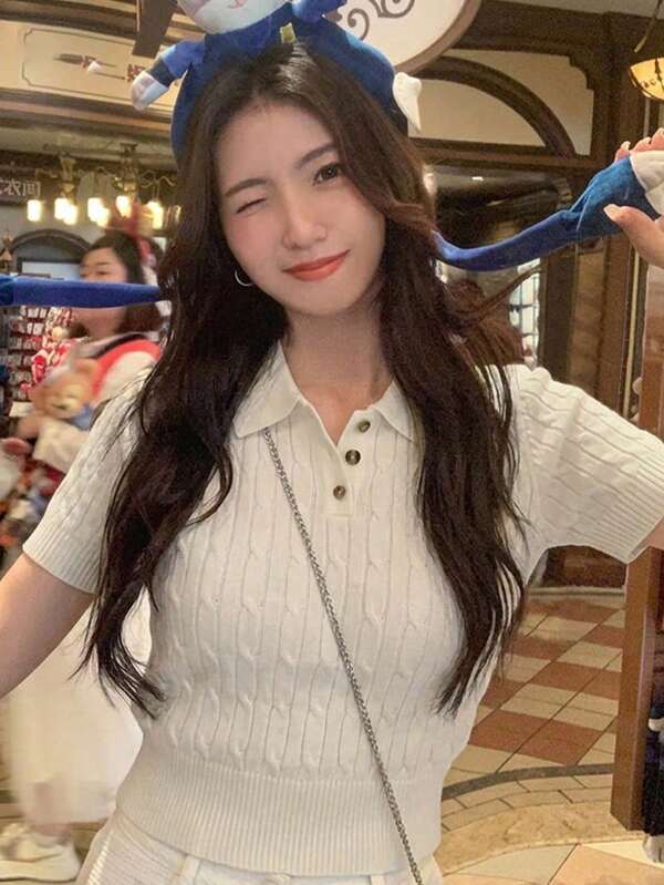 2025 Spring/Autumn New Design Women Commuter Versatile Button Short Sleeve Knit Top Summer