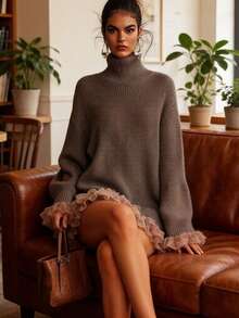 Autumn New Knitted High Neck Ruffle Edge Spliced Long Sleeved Gray Sweater, Graduation Gift, Must-Have For Returning To School, Casual Commuting Style - 棕色 - 查看 5