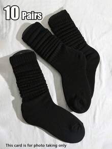 1/3/5/10 Pairs Unisex Pure Black Soft Breathable Slouch Mid-Calf Socks, Suitable For Daily And Outdoor Wear - Black - View 5