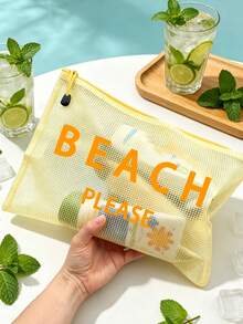 多色防水時尚網格沙灘包，附「Beach Please」印花化妝包，沙灘主題。大容量透明化妝包，尼龍拉鍊盥洗包，輕便，可收納防曬乳、比基尼和沙灘必需品。春夏收納，適合游泳、沙灘、潛水和夏季假期，學生返校，輕便防曬收納包，適合朋友、家人、好友、同學。完美的生日、節日、派對、婚禮（伴娘）、郵輪禮物和紀念品 - 彩色 - 查看 2