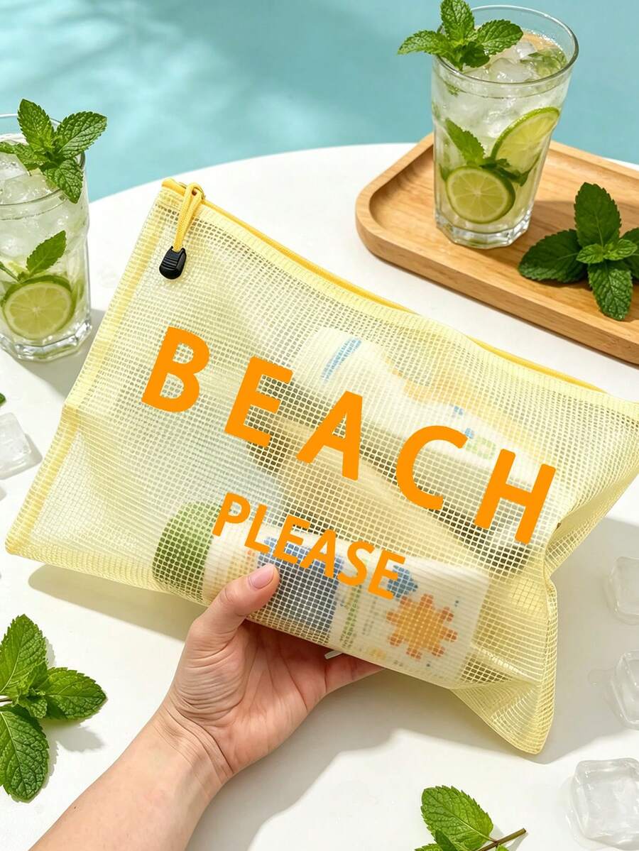 多色防水時尚網格沙灘包，附「Beach Please」印花化妝包，沙灘主題。大容量透明化妝包，尼龍拉鍊盥洗包，輕便，可收納防曬乳、比基尼和沙灘必需品。春夏收納，適合游泳、沙灘、潛水和夏季假期，學生返校，輕便防曬收納包，適合朋友、家人、好友、同學。完美的生日、節日、派對、婚禮（伴娘）、郵輪禮物和紀念品