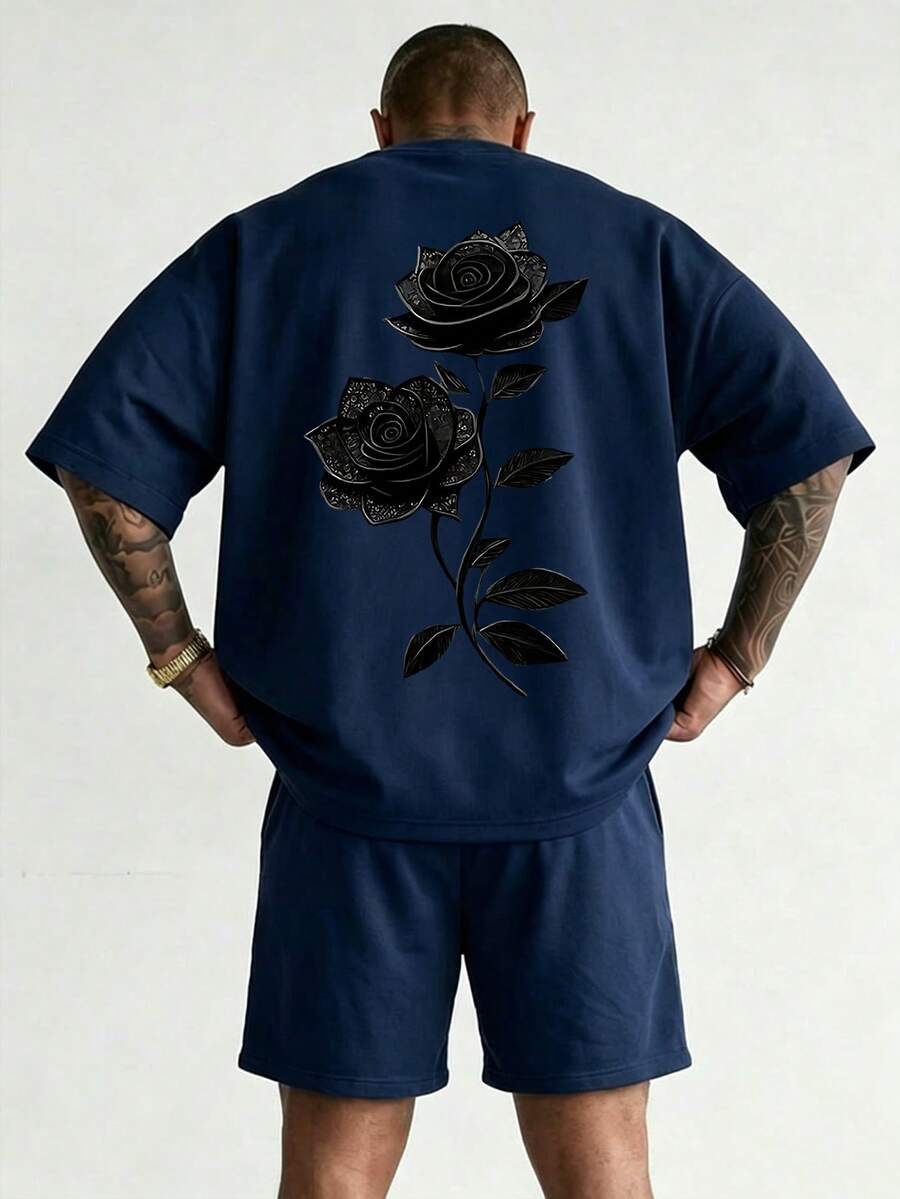 男士夏季時尚舒適休閒玫瑰印花短褲套裝 - 藏蓝色 - 查看 1