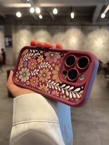 Fashionable Floral Print Anti-Drop Phone Case, Compatible With 11/12/13/14/15 Pro Max - 酒紅色 - 查看 2