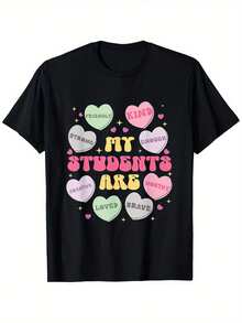 Camiseta con Estampado de Corazones Mis Alumnos Son Mi San Valentín -% algodón, camiseta unisex de manga corta, adecuada para todas las estaciones, cuello redondo informal, tallas S-XX - Negro - Ver 1