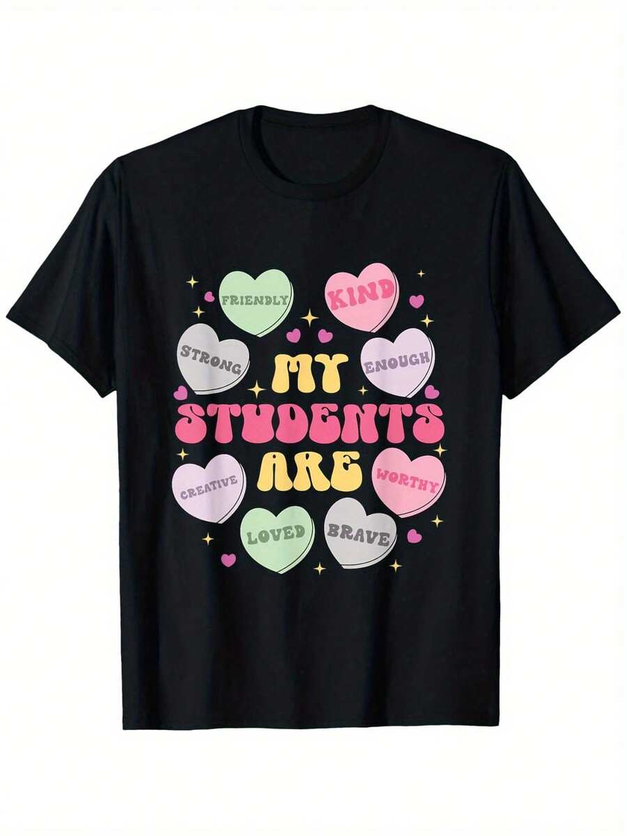 Camiseta con Estampado de Corazones Mis Alumnos Son Mi San Valentín -% algodón, camiseta unisex de manga corta, adecuada para todas las estaciones, cuello redondo informal, tallas S-XX - Negro - Ver 1