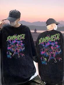 Unisex Vintage Black Distressed Short-Sleeved T-Shirt With Graphic Designs For Men And Women, Inspired By The Band Babymetal. This Washed T-Shirt Features Babymetal From Japan. PDXQ - 黑色 - 查看 2