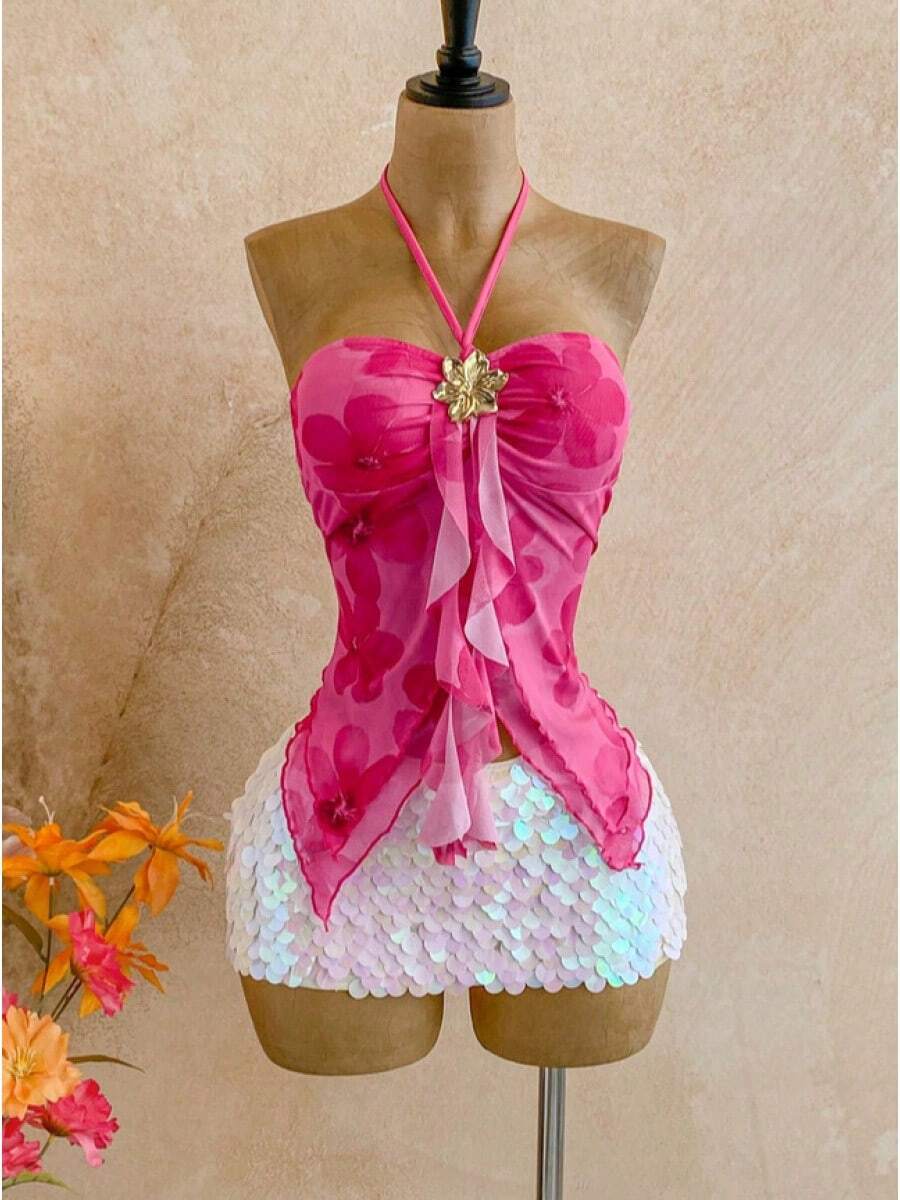 Summer Sheer Crop Top With Halter Neck And Metallic Accessory. - Rose-red Flowers - View 1