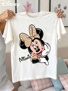 Disney Minnie Mouse Khaki Polka Dot Bow Waving Hand Kids T-Shirt Girls Casual Short Sleeve Top - White - View 2