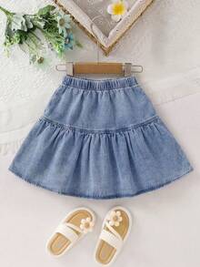 Falda vaquera multicapa decorada con perlas para niñas con cintura elástica, falda vaquera mini casual de línea A, de moda y versátil - Lavado ligero - Ver 3