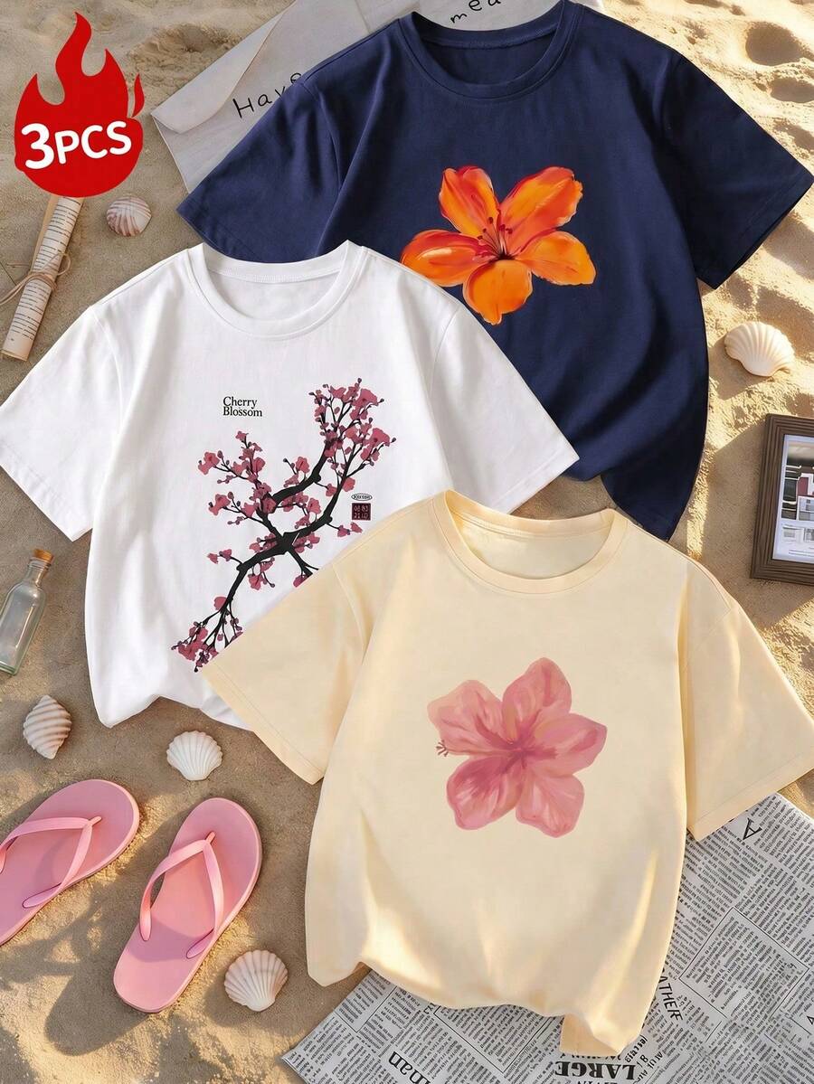 Set de 3 camisetas de mujer de manga corta con cuello redondo, estampado de letras y pétalos de colores, versátil y casual para primavera/verano - Multicolor 4 - Ver 1