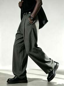 Officeau Men's Casual Business Style Wide Leg Loose Fit Dress Pants, Fashionable Versatile Striped Straight Leg Trousers - Grey - View 4