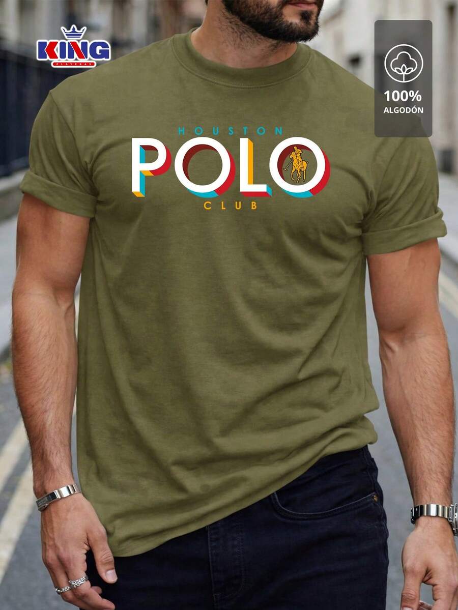 Original HPC POLO T-Shirt With Round Neck And Short Sleeves – Themed Graphic Design "HPC: Retro Typography Houston" – 100% Cotton - 軍綠色 - 查看 1
