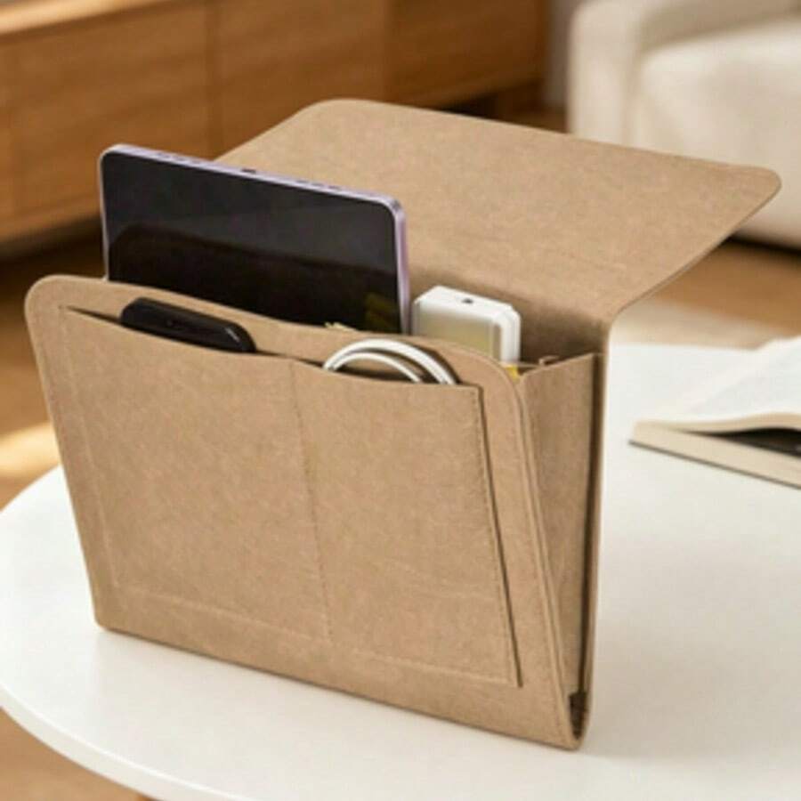 1pc Felt Hanging Storage Bag, 3-Pocket Multifunctional Organizer For Magazines, Books, Tablets, Cables, Remote Controls, Water Bottles, Space-Saving Closet Bedside Sofa Organizer, Suitable For Dorms, College Students, Home Organization