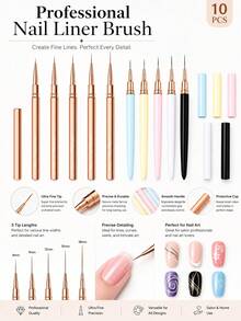 10PCS/5PCS Nail Liner Brush Set, Ultra-Fine Liner Brushes For Nails, Nail Art Brushes Suitable For Gel Nail Polish, Detail Painting And Drawing, Professional Nail Salon Tools - Multicolor - View 3