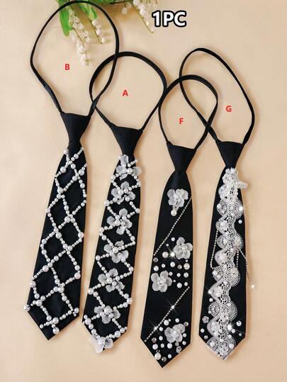 1pc Handmade Pearl Chiffon & Rhinestone Necktie, Versatile Decorative Tie, Suitable For All Seasons