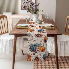 Fall Thanksgiving Orange Blue Pumpkins Floral Botanical Table Runner Holiday Party Decor Reusable Kitchen Dining Table Runner For Coffee Tables,Wedding Party,Autumn Decorations - Multicolor - View 5