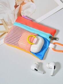 1 Set Dopamine Color-Block Star Adjustable Braided Phone Wrist Strap Coin Purse, Korean Style Patchwork Mesh Tulle Mini Cute Portable Key Coin Storage Zipper Pouch, Multi-Functional Portable Student Bus Card Earphone Lipstick Storage Colorful Small Bag - Multicolor - View 10