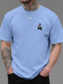 Camiseta de manga corta para hombre con estampado de doble cara de la Mona Lisa de Leonardo da Vinci, estilo casual, deportivo, moderno y holgado, para estudiantes y adolescentes. - Negro - Ver 11