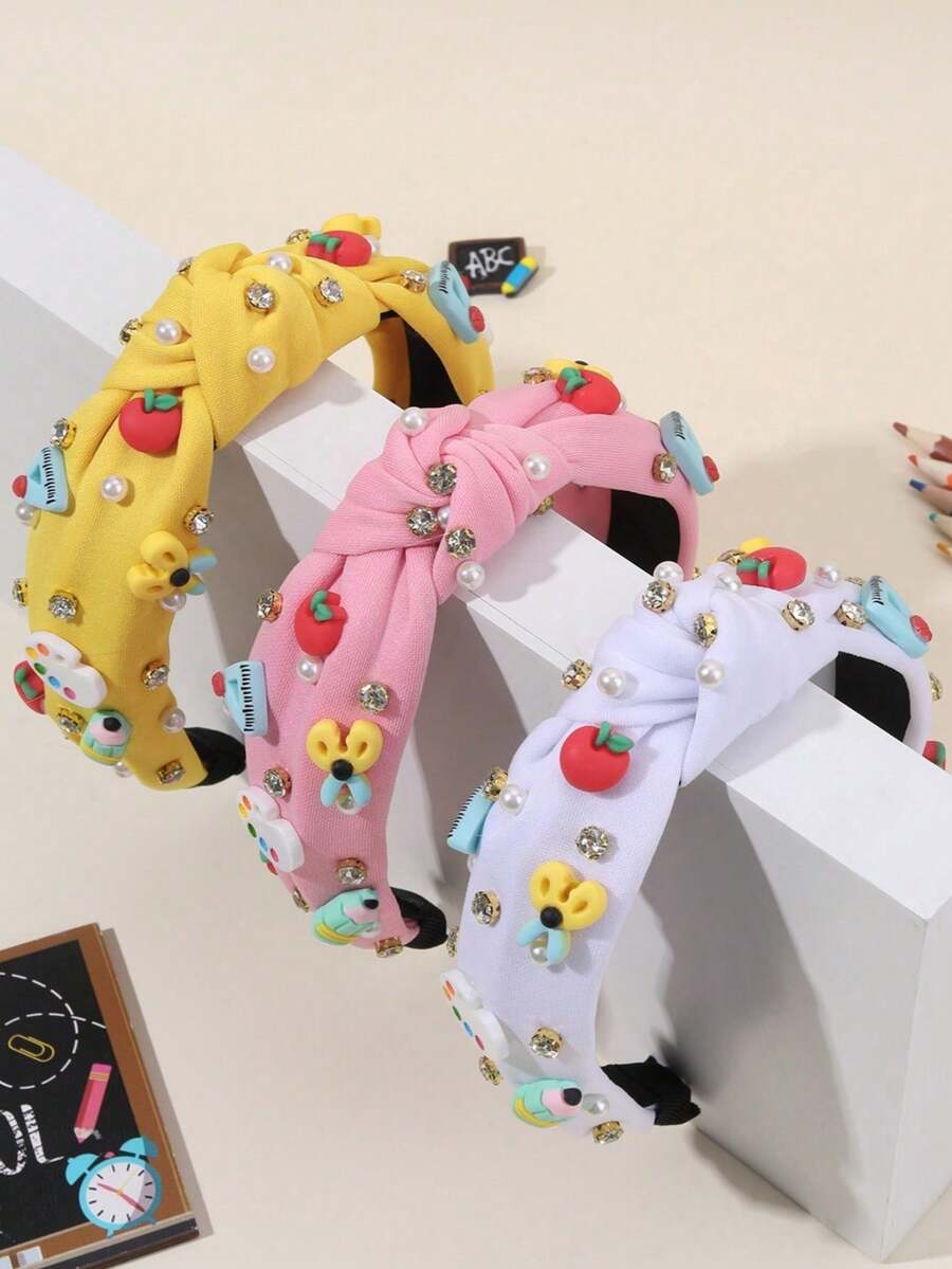 3件裝返校髮箍，可愛蘋果與文具裝飾，緞帶蝴蝶結髮帶，學生禮物，青少年髮飾 - 彩色 - 查看 1