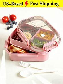 1pc 2 Layer Compartment Lunch Box School Lunch Box With Fork And Spoon,Food Containers For Women & Men, Students,Set Of Utensil , Bento Lunch Box - 彩色 - 查看 10