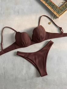 Bikinx Women's Solid Color Shell-Shaped Cup Bikini Set Spaghetti Strap Tie-Back Swimsuit Vacation - Coffee Brown - View 4