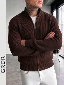 GRDR Suéter de cuello redondo de manga larga con doble cremallera para hombre, versátil para uso diario - Café integral - Ver 5