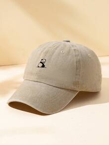 1pc Unisex Khaki Color Panda Embroidery Washed Soft Top Adjustable Baseball Cap For Daily Casual Wear - A - View 2