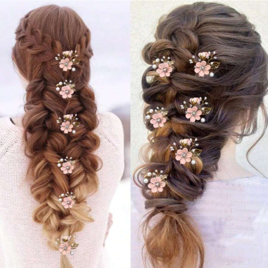 6pcs/Set Bridal Wedding Rhinestone Pearl Flower Alloy Leaf Hair Pin Set - 6-piece Pink Set - View 1