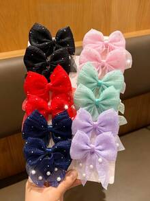 10入 女孩用網紗珍珠蝴蝶結3D頂夾側邊髮飾髮夾 - 彩色 - 查看 3