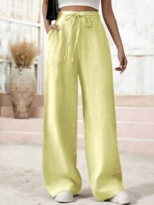 Women's Linen Palazzo Pants, Adjustable Waist With Drawstring, Side Pockets, Casual And Breathable For Vacations - 黃色 - 查看 2