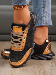 Women's Casual Sports Lightweight Chunky Sneakers Colorblock Versatile Running Shoes - Black - View 4