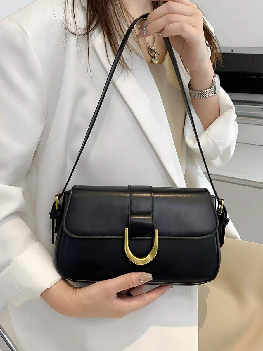 1pc Lacquered Polyurethane Leather Handbag For Women, Y2k Babe Bag, Mini Square Bag, Shoulder/Underarm Bag,Retro Inspired Bag, Fashionable Black Bag - 黑色 - 查看 1