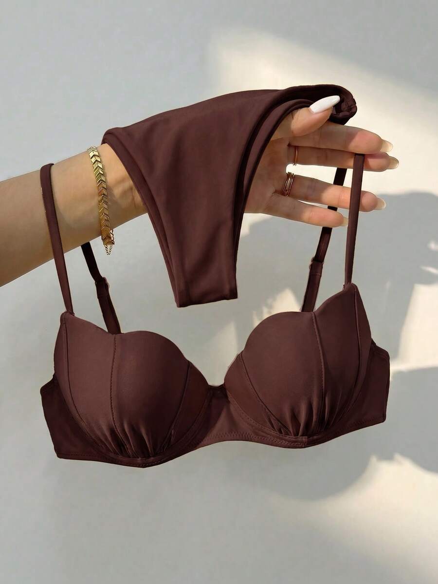Bikinx Women's Solid Color Shell-Shaped Cup Bikini Set Spaghetti Strap Tie-Back Swimsuit Vacation - Coffee Brown - View 1