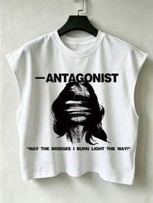1pc Men's Short Sleeveless Tank Top Street Style 'Antagonist' Punk Graphic T-Shirt With Bold Slogan, Suitable For Summer Music Festivals And Parties - White - View 3