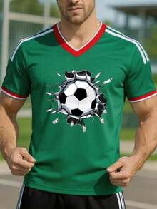 Camiseta de hombre con estampado digital 3D de balón de rugby y diseño de paredes perforadas, mangas cortas holgadas, cuello redondo, estilo deportivo casual, adecuada para uso diario, elást - Verde - Ver 1