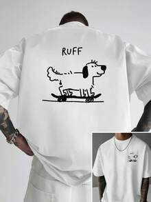 Camiseta de hombre con hombros caídos, con un diseño de un perro en patineta y un patrón RUFF en la parte delantera, camiseta de corte holgado para hombre, ropa masculina de estilo moderno y - Negro - Ver 2