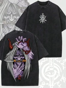 Sealing Jutsu – Camiseta Retro Lavada con Estampado de Anime a Doble Cara, Camiseta de Algodón Grueso Lavado de Anime y Manga, Regalo para Fanáticos y Entusiastas del Anime, Ropa Urbana LBCQ - Negro - Ver 1