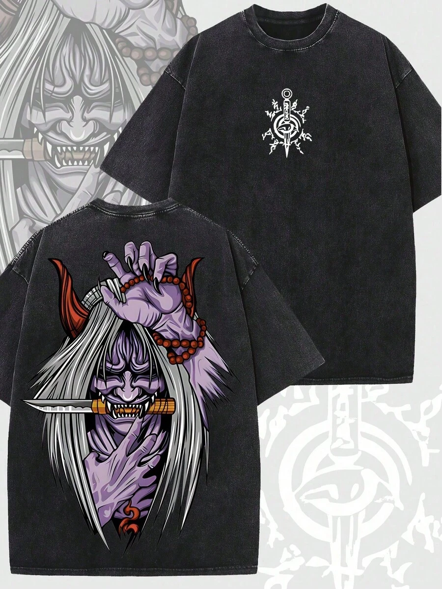 Sealing Jutsu – Camiseta Retro Lavada con Estampado de Anime a Doble Cara, Camiseta de Algodón Grueso Lavado de Anime y Manga, Regalo para Fanáticos y Entusiastas del Anime, Ropa Urbana LBCQ - Negro - Ver 1